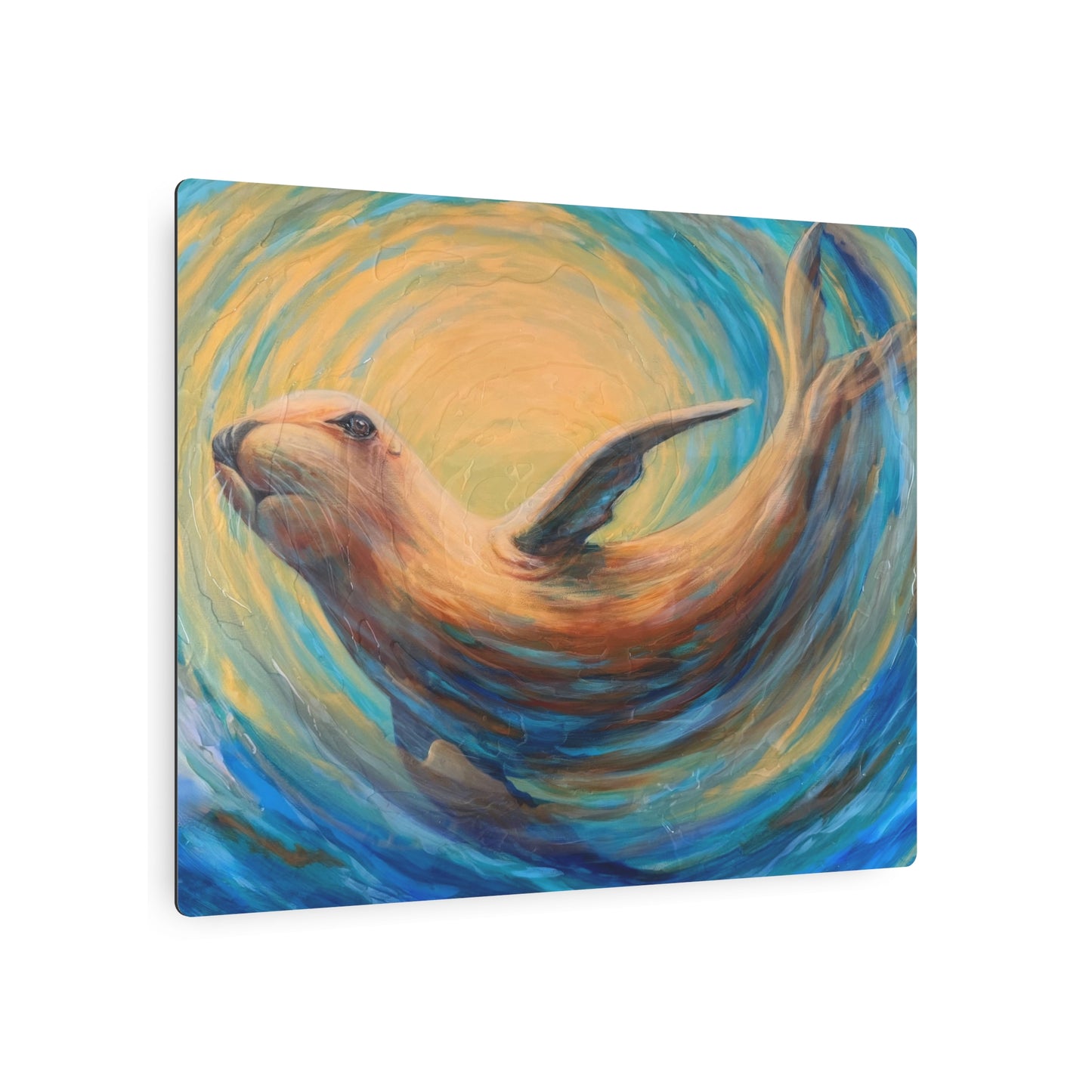"Through Gilded Tides" Sea Lion Metal Art Sign — Whimsical Ocean Painting Wall Decor