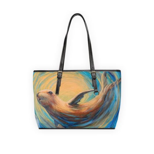 "Through Gilded Tides" Sea Lion Dance PU Leather Shoulder Bag — Ocean-Inspired Painted Wildlife Tote