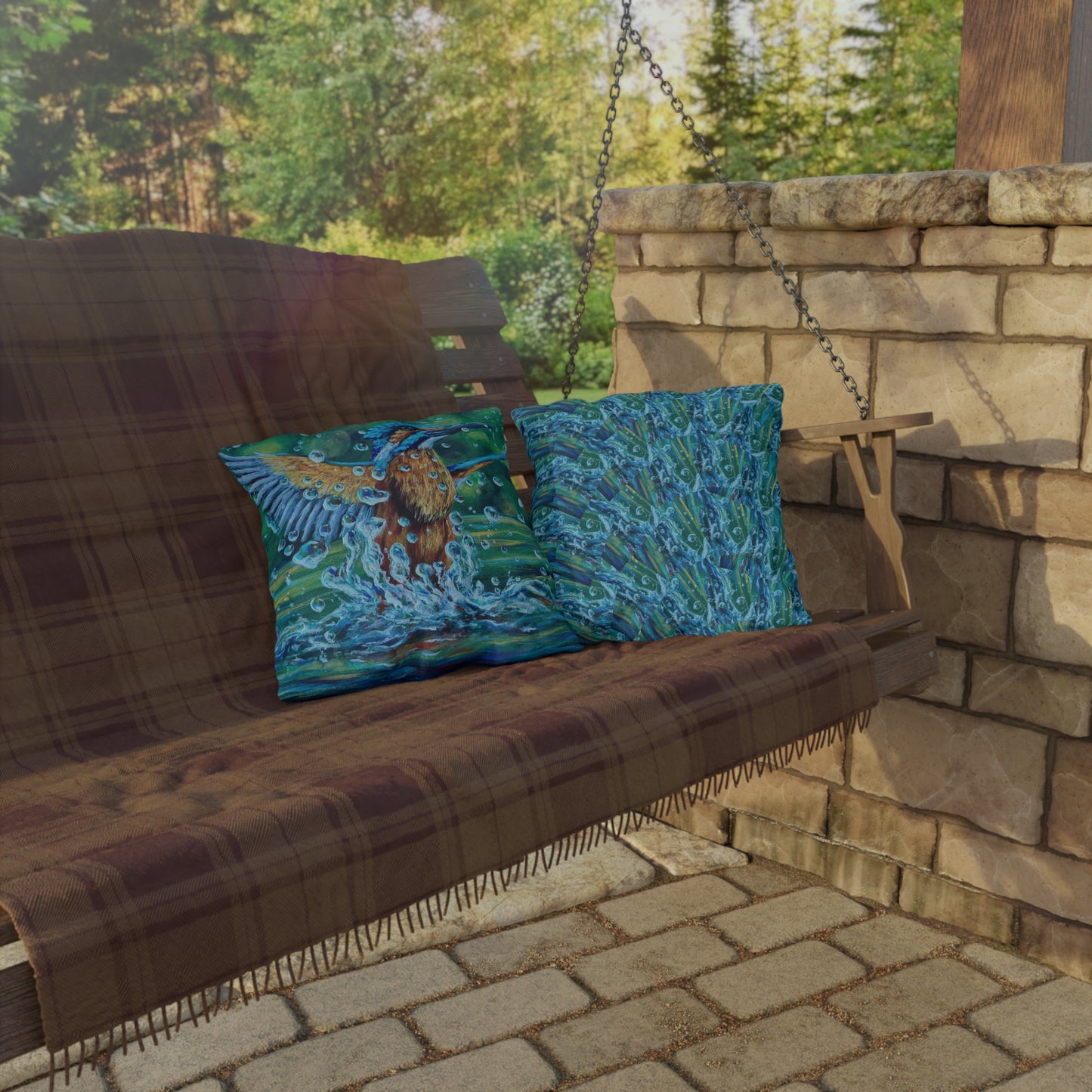 "Falling Up" Kingfisher Splash Outdoor Pillow — Vibrant Wildlife Patio Cushion