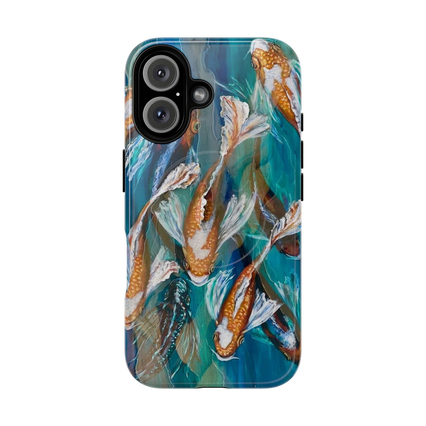 "School of Luck" Koi Fish Pattern iPhone Case Multiple Sizes | Tough Magnetic Case, Blue Teal Watercolor