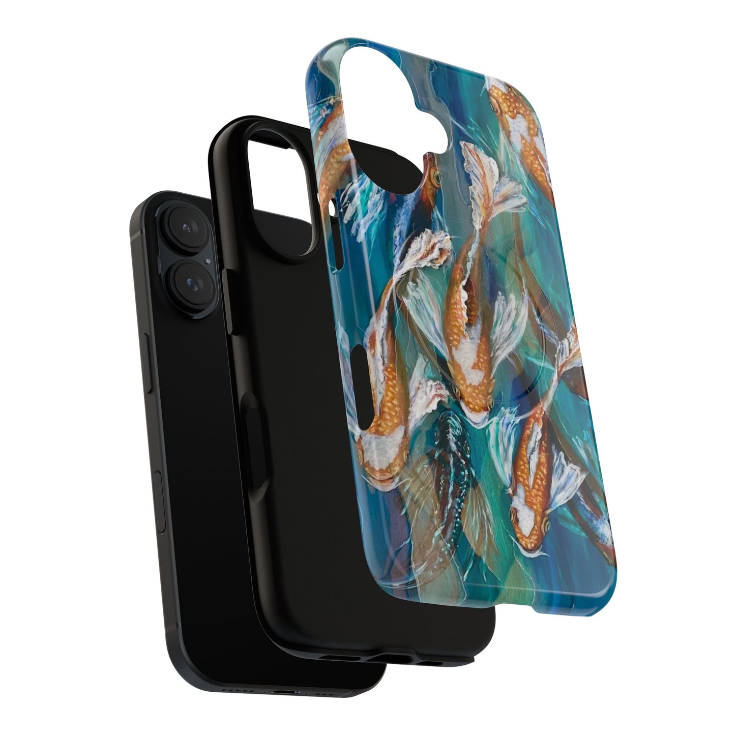 "School of Luck" Koi Fish Pattern iPhone Case Multiple Sizes | Tough Magnetic Case, Blue Teal Watercolor