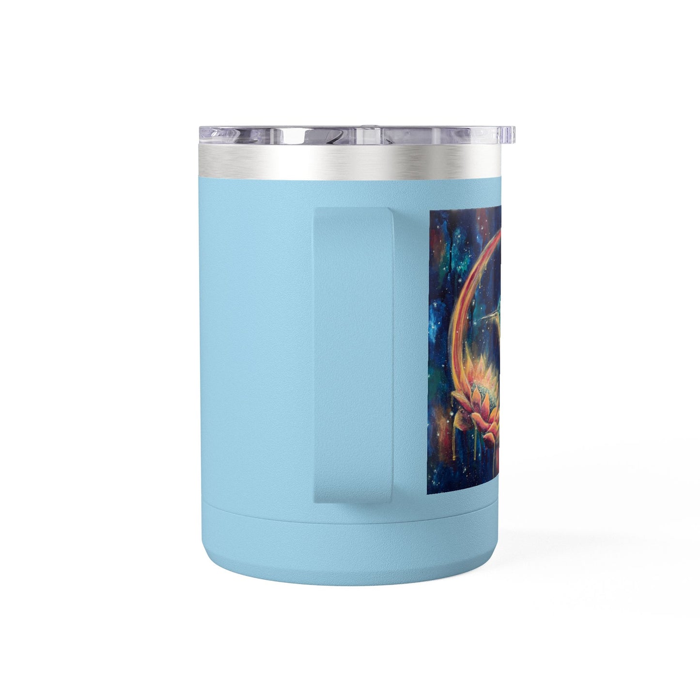 "Continuum" Hummingbird & Night Sky 15oz Travel Mug — Colorful Celestial Bird Tumbler