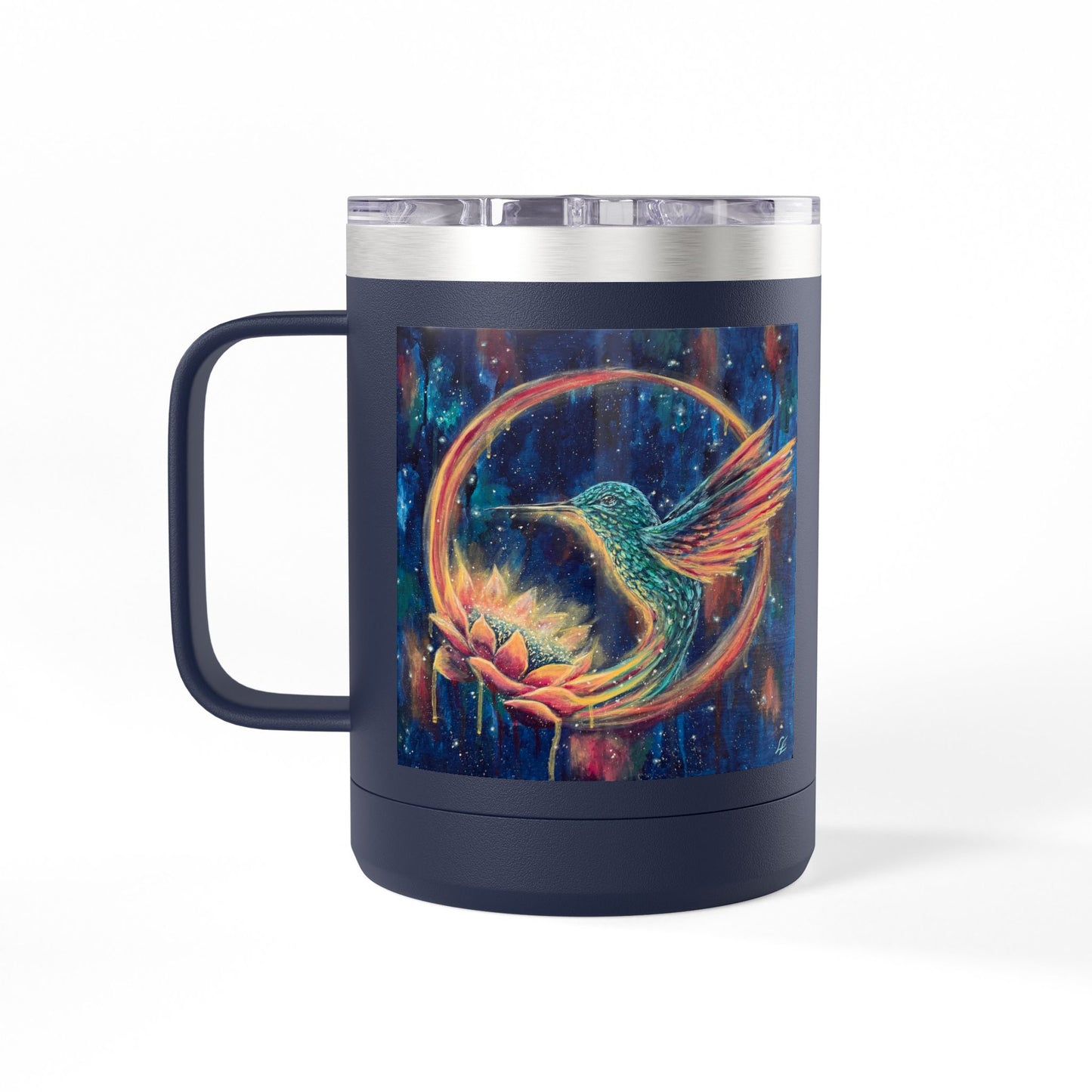 "Continuum" Hummingbird & Night Sky 15oz Travel Mug — Colorful Celestial Bird Tumbler