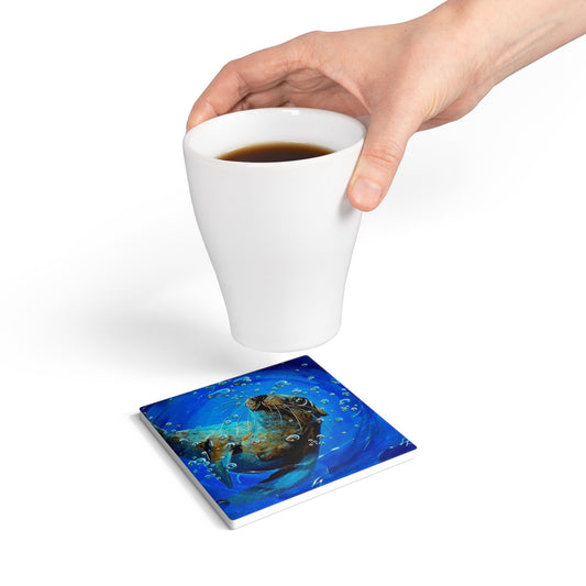"Arthur" Sea Lion Bubble Ceramic Coaster — Cute Sea Lion Art Drink Coaster