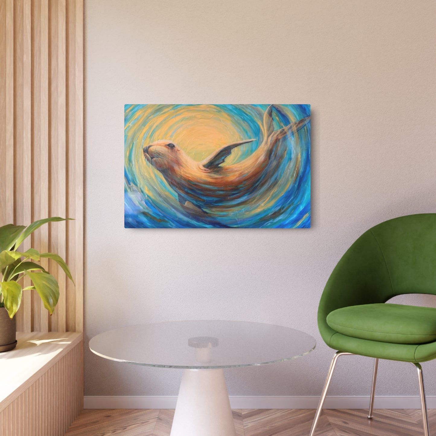 "Through Gilded Tides" Sea Lion Metal Art Sign — Whimsical Ocean Painting Wall Decor