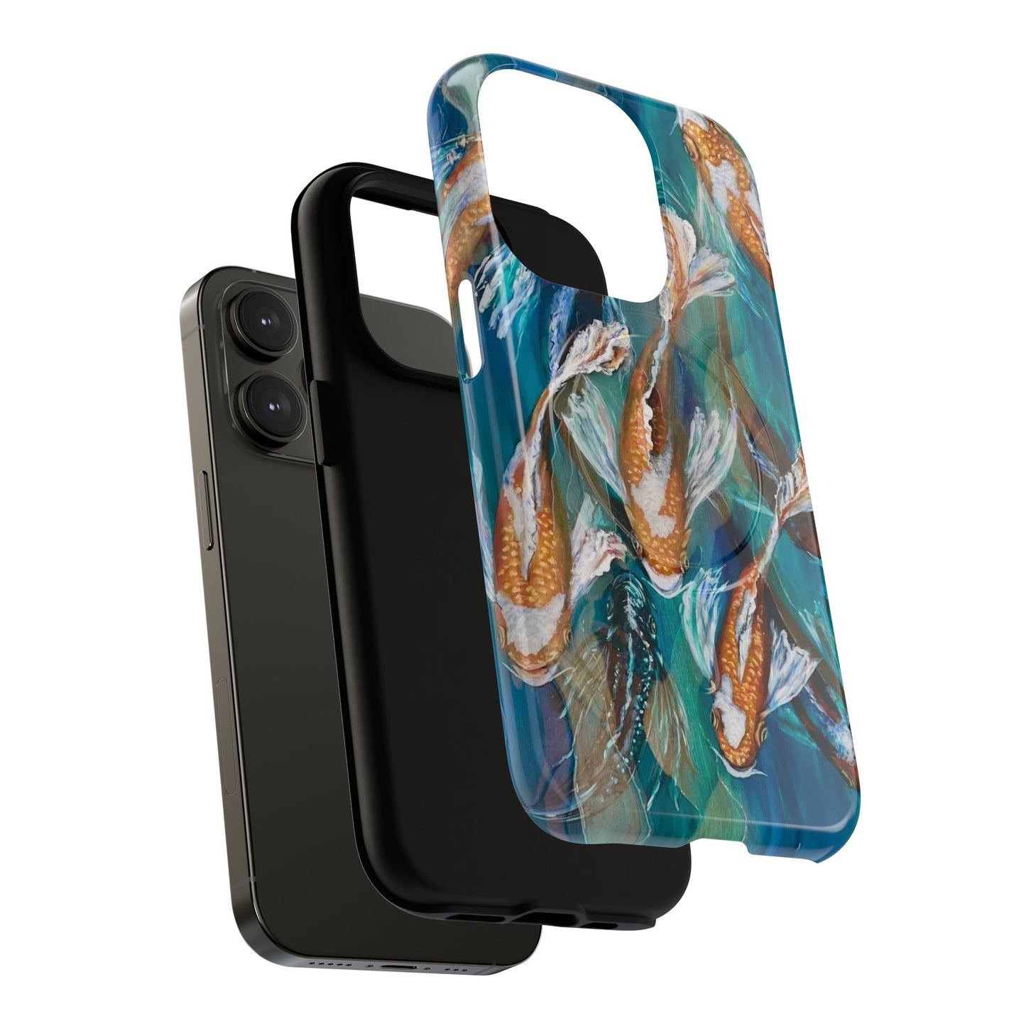 "School of Luck" Koi Fish Pattern iPhone Case Multiple Sizes | Tough Magnetic Case, Blue Teal Watercolor