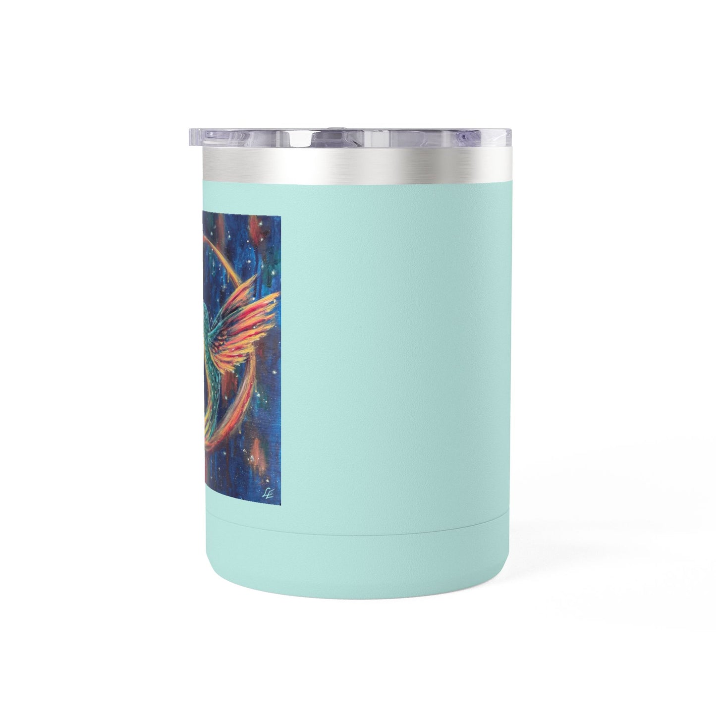 "Continuum" Hummingbird & Night Sky 15oz Travel Mug — Colorful Celestial Bird Tumbler