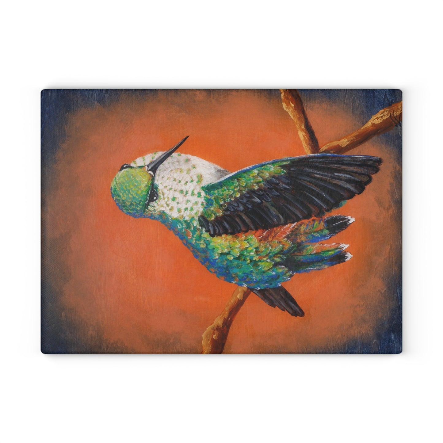 "Hummingbird Ballet" Glass Cutting Board — Colorful Tropical Bird Kitchen Decor
