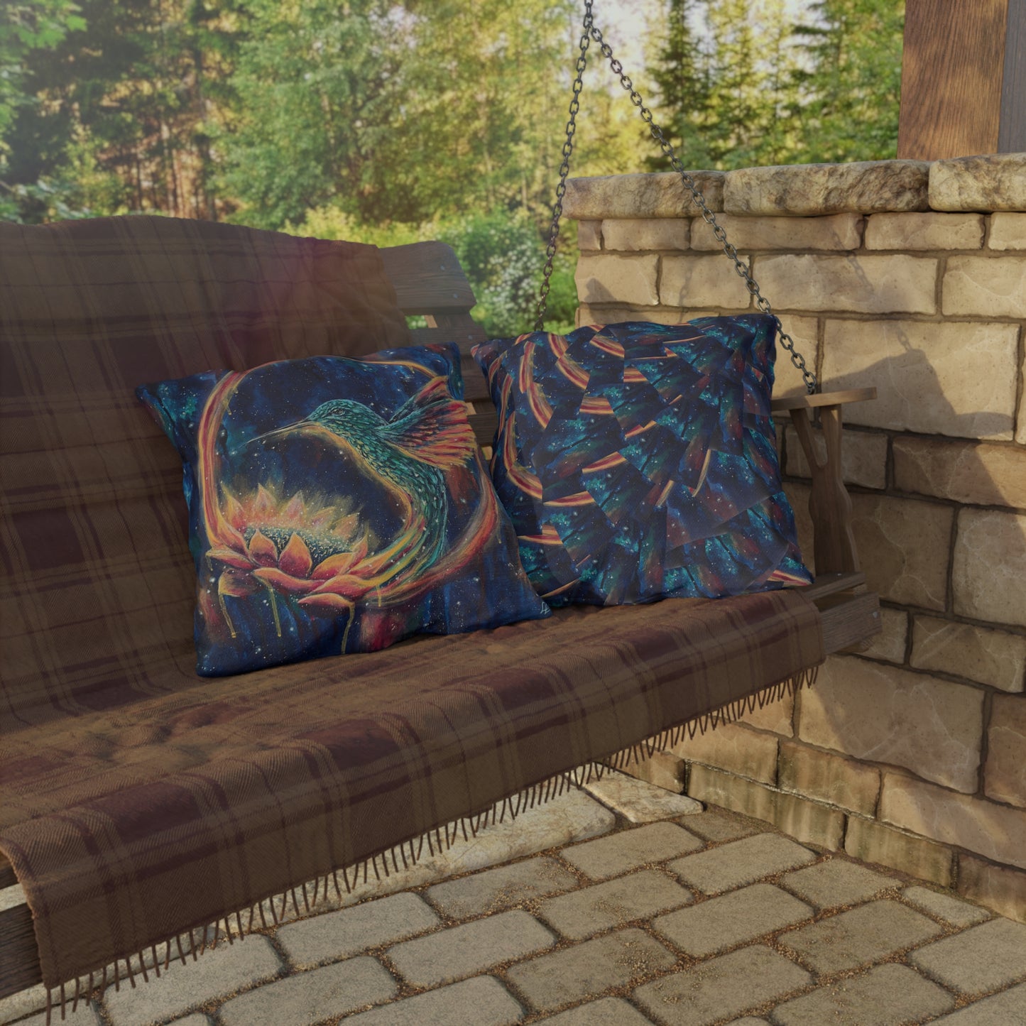 "Continuum" Hummingbird & Lotus Outdoor Pillow — Colorful Garden Accent Cushion for Patio, Porch & Sunroom