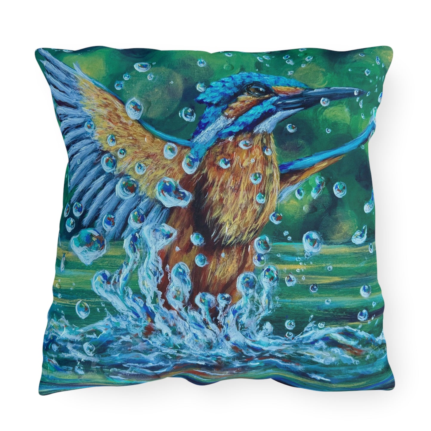 "Falling Up" Kingfisher Splash Outdoor Pillow — Vibrant Wildlife Patio Cushion