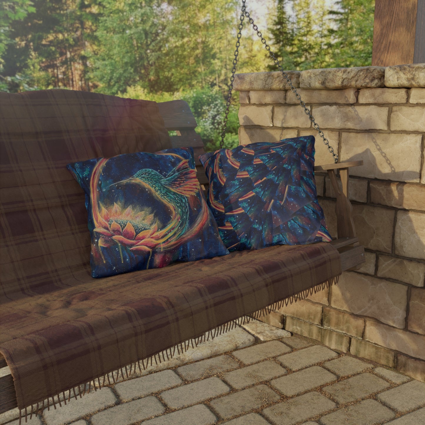 "Continuum" Hummingbird & Lotus Outdoor Pillow — Colorful Garden Accent Cushion for Patio, Porch & Sunroom