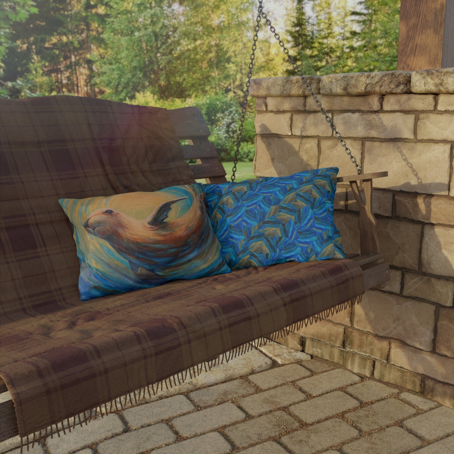 "Through Gilded Tides" Outdoor Pillow — Swirling Sea Lion Beach Art Accent Pillow