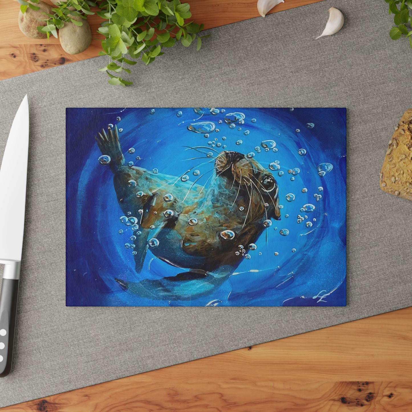 "Arthur" Sea Lion Glass Cutting Board - Playful Sea Otter Underwater Art