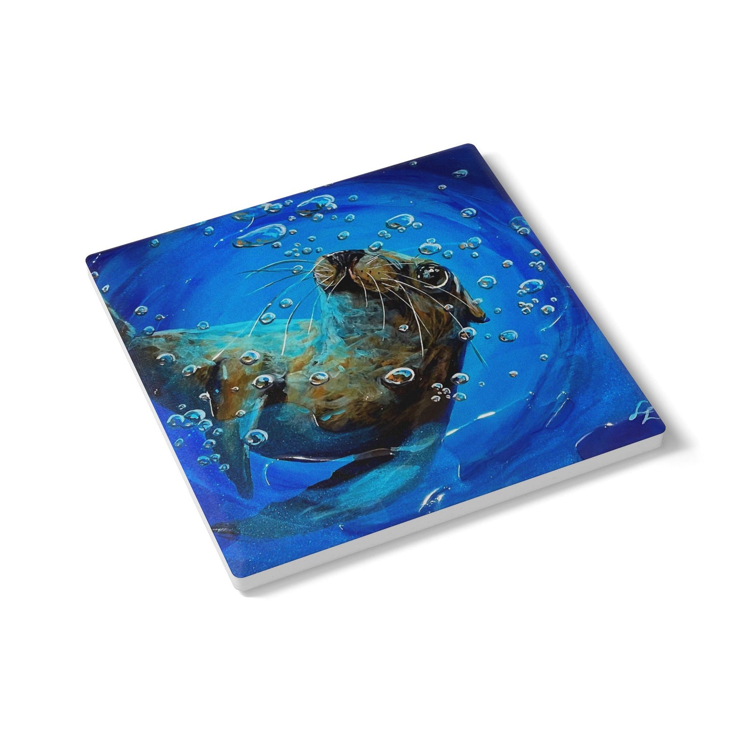 "Arthur" Sea Lion Bubble Ceramic Coaster — Cute Sea Lion Art Drink Coaster