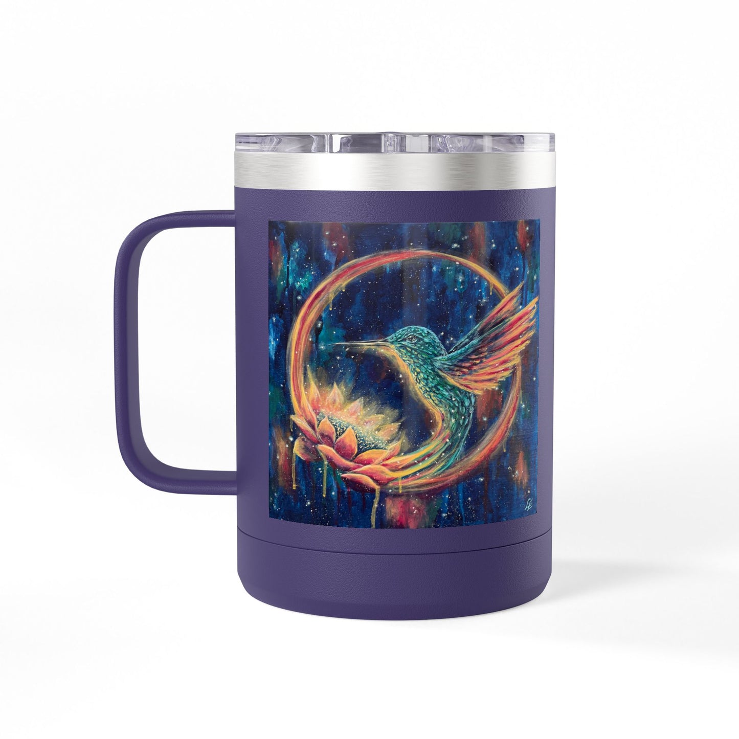 "Continuum" Hummingbird & Night Sky 15oz Travel Mug — Colorful Celestial Bird Tumbler