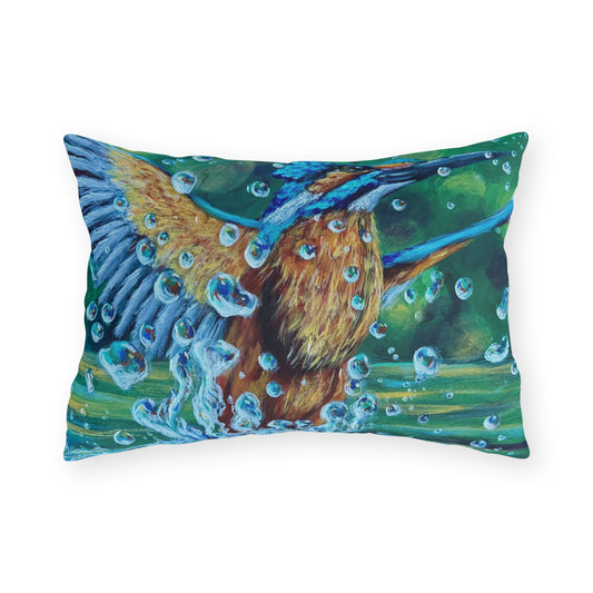 "Falling Up" Kingfisher Splash Outdoor Pillow — Vibrant Wildlife Patio Cushion