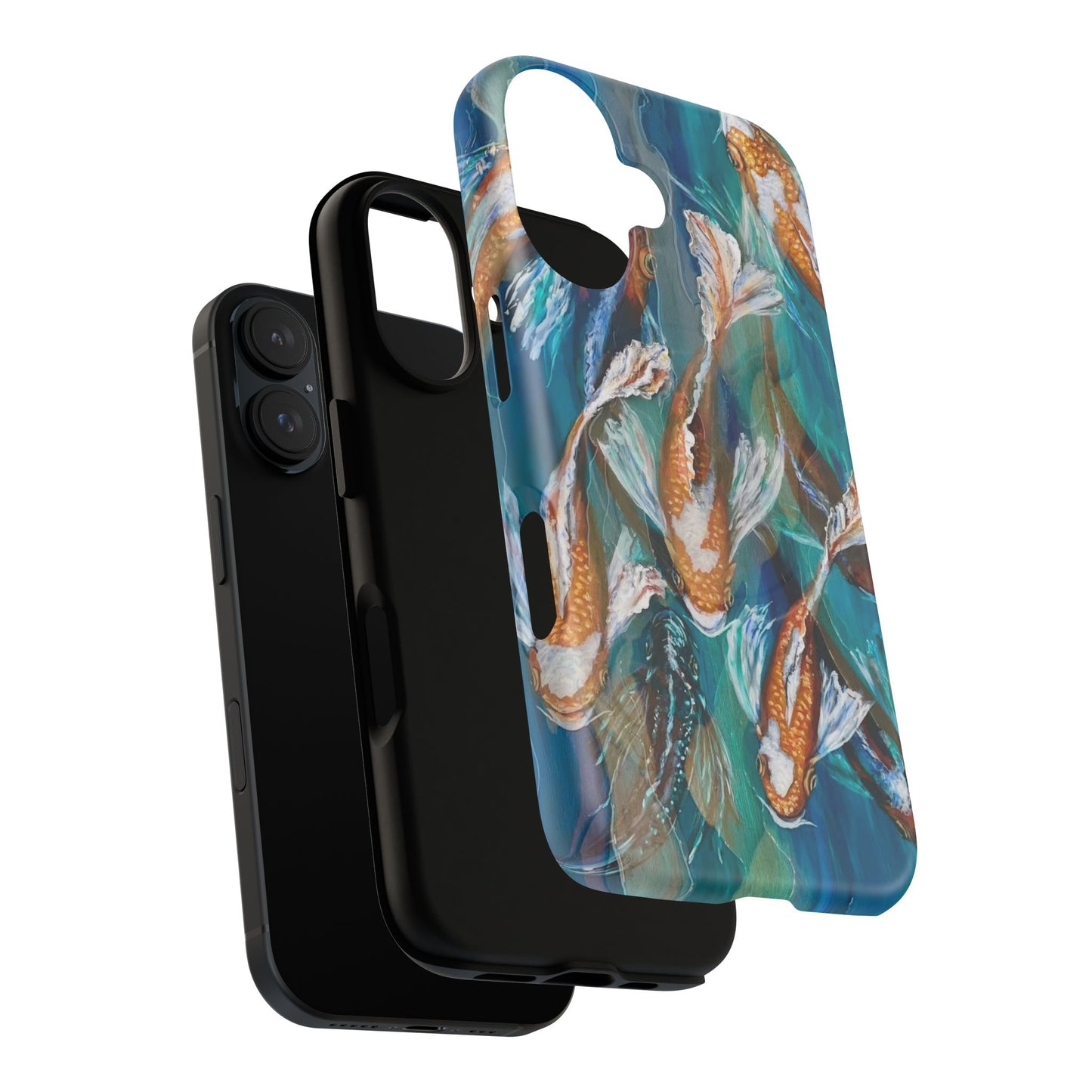"School of Luck" Koi Fish Pattern iPhone Case Multiple Sizes | Tough Magnetic Case, Blue Teal Watercolor