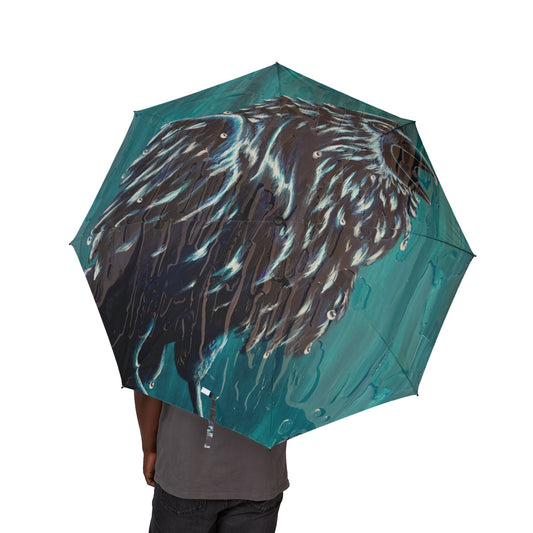 "Ravin' in the Rain" Foldable Umbrella — Teal Raven Art Rain Umbrella (Semi-Automatic)