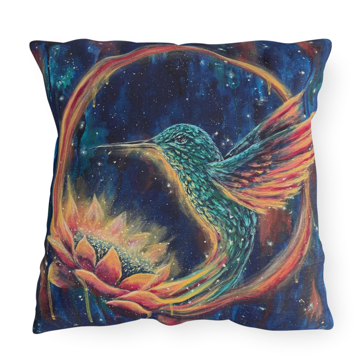 "Continuum" Hummingbird & Lotus Outdoor Pillow — Colorful Garden Accent Cushion for Patio, Porch & Sunroom