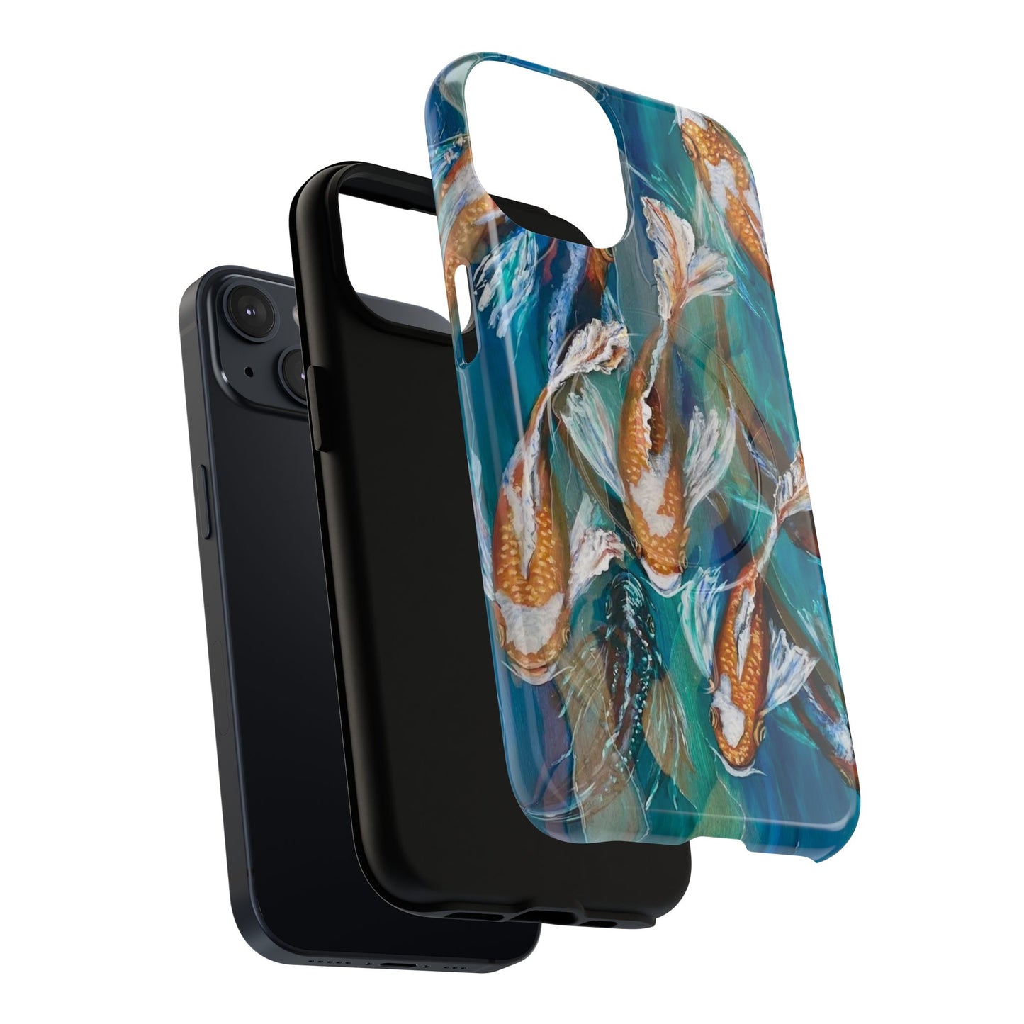 "School of Luck" Koi Fish Pattern iPhone Case Multiple Sizes | Tough Magnetic Case, Blue Teal Watercolor