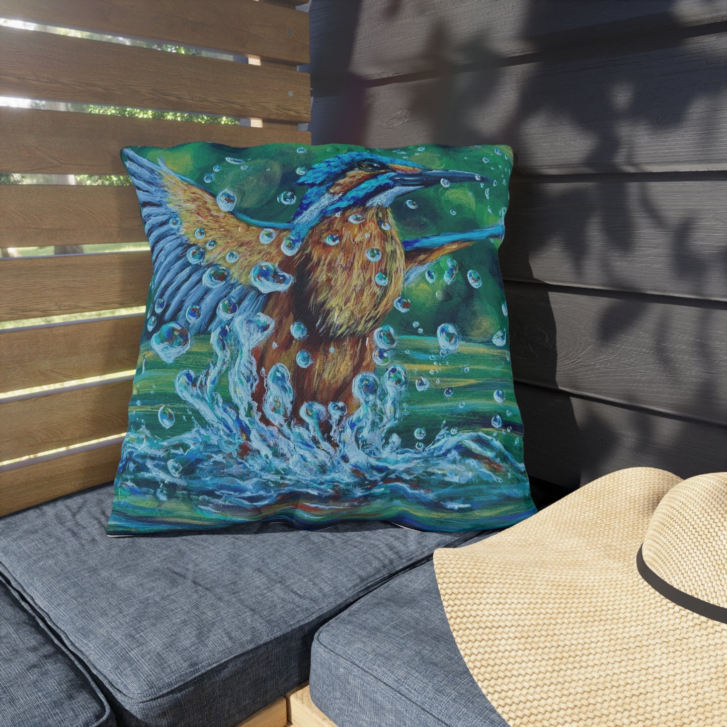 "Falling Up" Kingfisher Splash Outdoor Pillow — Vibrant Wildlife Patio Cushion