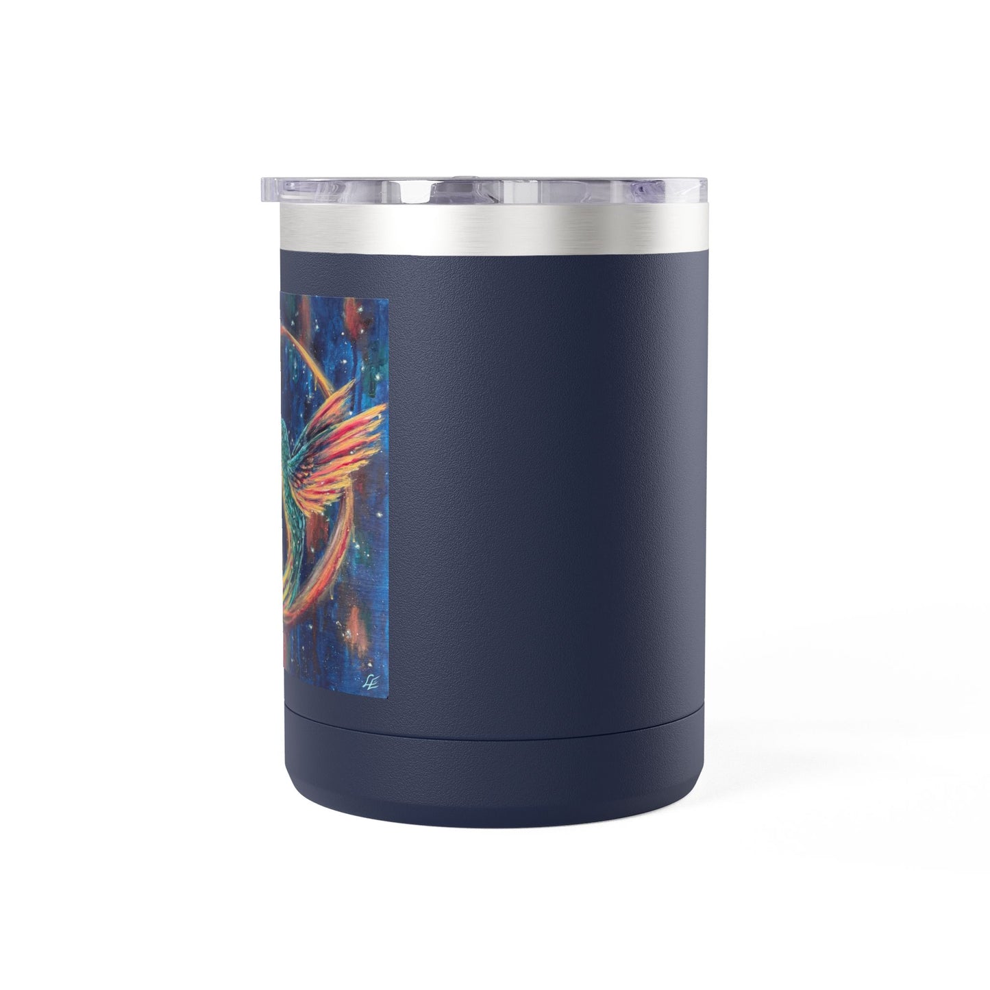 "Continuum" Hummingbird & Night Sky 15oz Travel Mug — Colorful Celestial Bird Tumbler