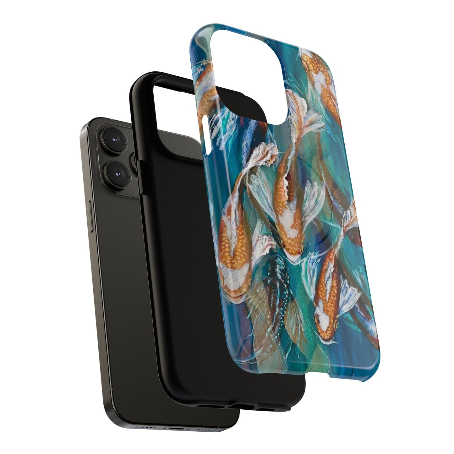 "School of Luck" Koi Fish Pattern iPhone Case Multiple Sizes | Tough Magnetic Case, Blue Teal Watercolor