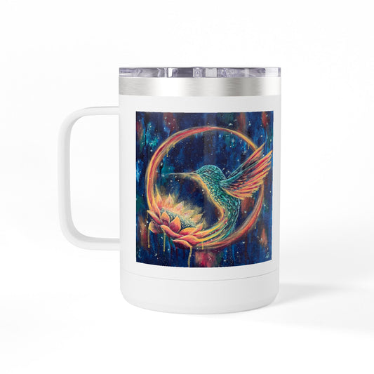 "Continuum" Hummingbird & Night Sky 15oz Travel Mug — Colorful Celestial Bird Tumbler
